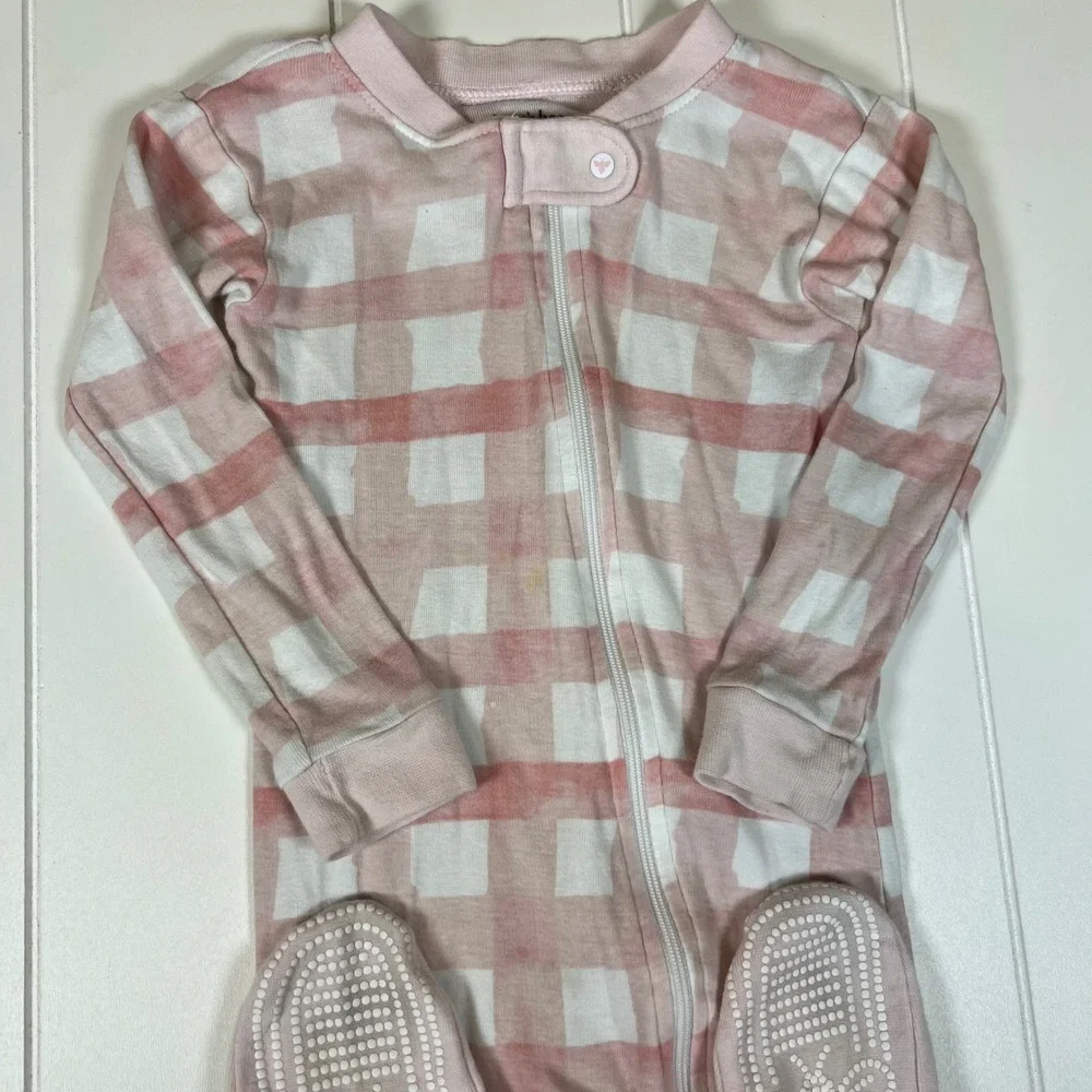 Burts Bees Baby Pink Gingham Organic Cotton Zip Front Footed Pajamas 18M Sleeper